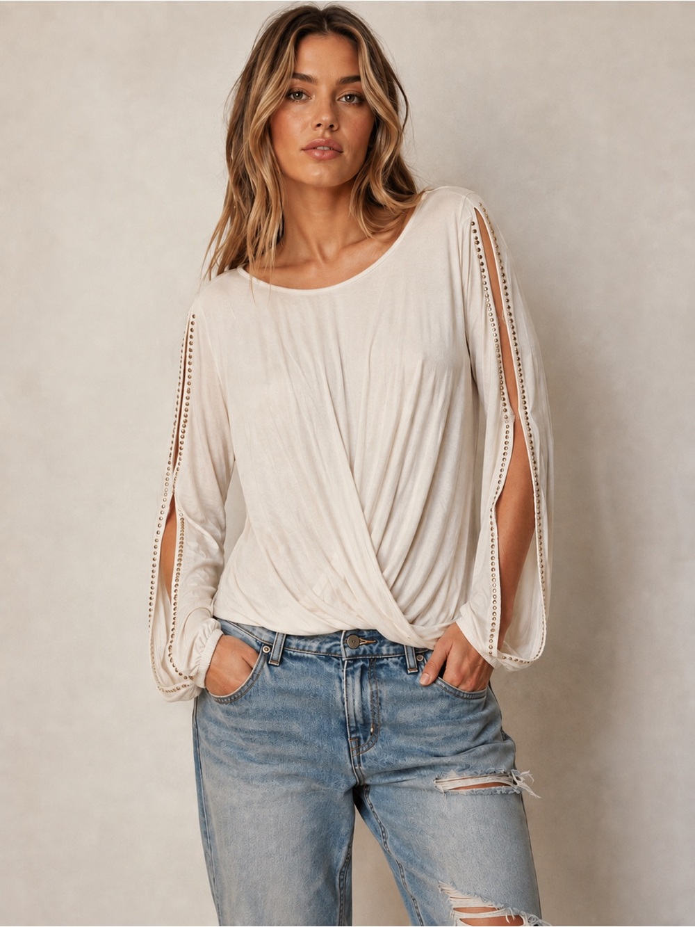 Daytrip Large Ivory Gold Studded Open Sleeve Draped Back Top